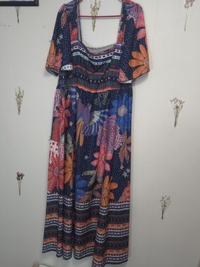 Boho Floral Plus Size Maxi Dress in Navy, Pink & Orange